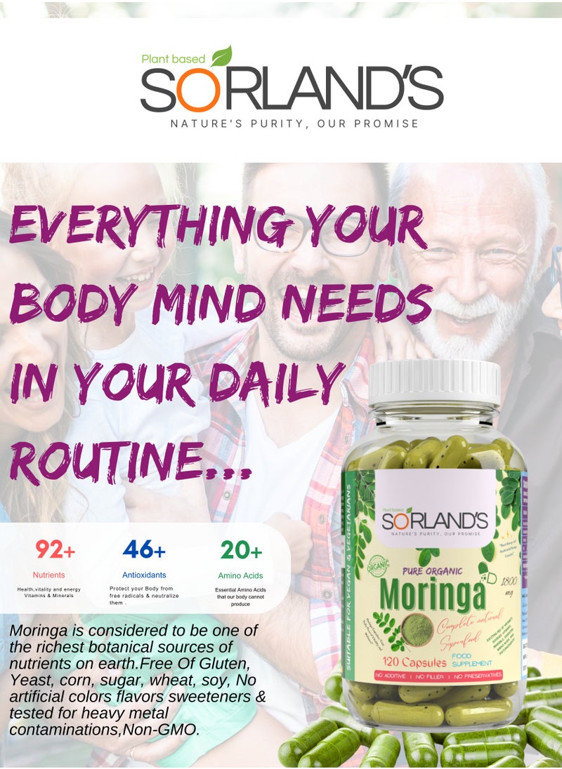 Sorland's - Organic Moringa 120 Vegan Capsules( Complete Natural Superfood) Energy, Metabolism & Immune Support - Image 1