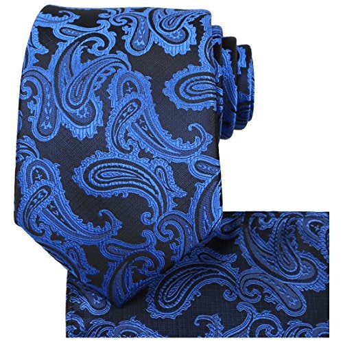 KissTies Mens Extra Long Tie Set: Navy Blue Paisley Necktie + Hanky + Gift Box (63'' XL) - Image 1