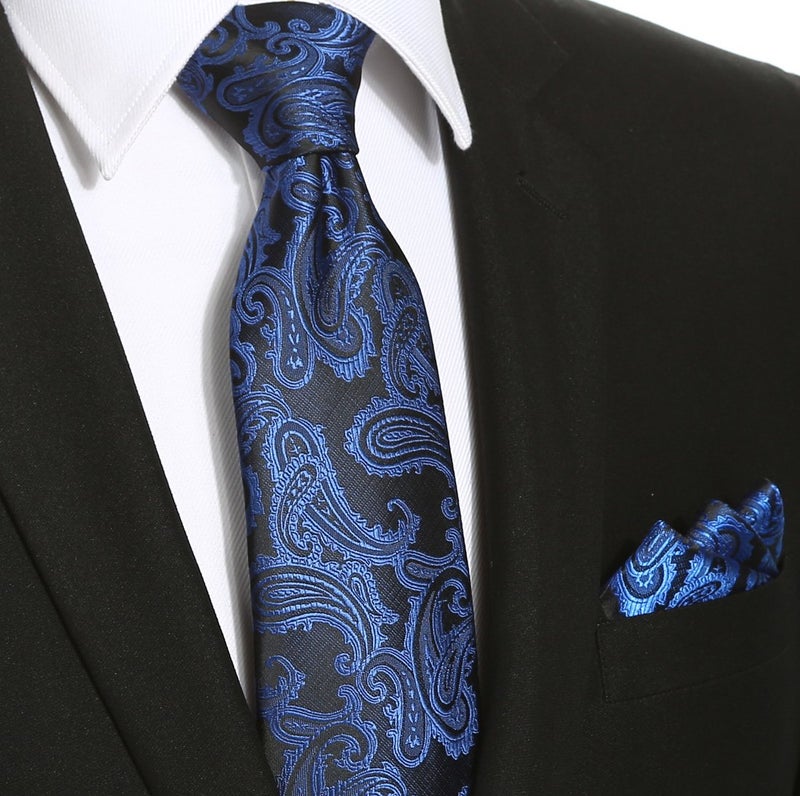 KissTies Mens Extra Long Tie Set: Navy Blue Paisley Necktie + Hanky + Gift Box (63'' XL) - Image 2