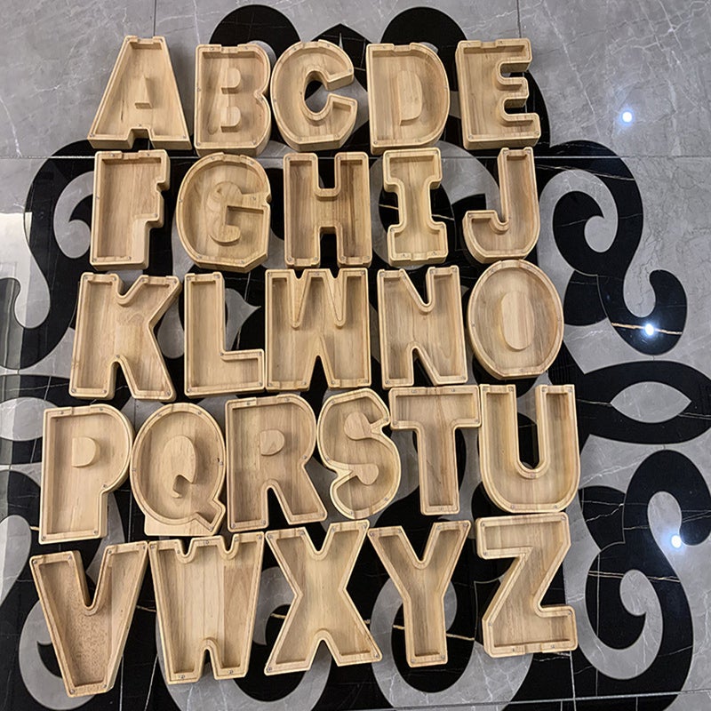 Twenty-Six English Alphabet Piggy Bank 26-letter Personalized Wooden Coin Money Saving Box Customized Own Name Stickers Exquisite Home Desktop Decor Ornaments - Image 2