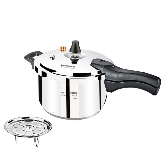 STAINLESS STEEL PRESSURE COOKER WITH STEAMER BASKET FASTER COOKING AND SAFETY PRESSURE RELEASE 9LITER