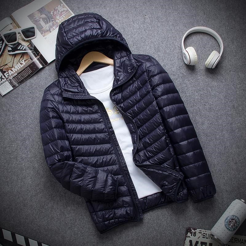 Mens Winter Cotton Jacket Lightweight Padded Coat Navy blue (hooded) 