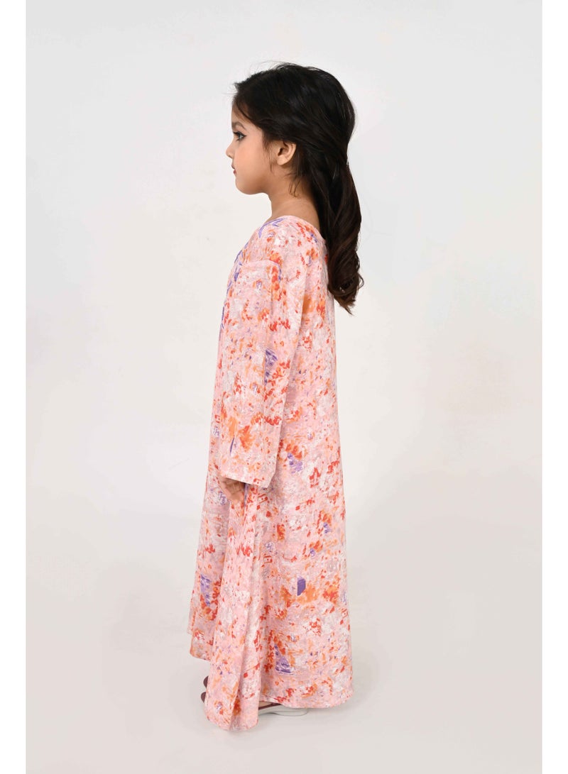 Linelle Kids Jalabiya – Orange Abstract Print with Purple Floral Embroidered Neckline - Image 3