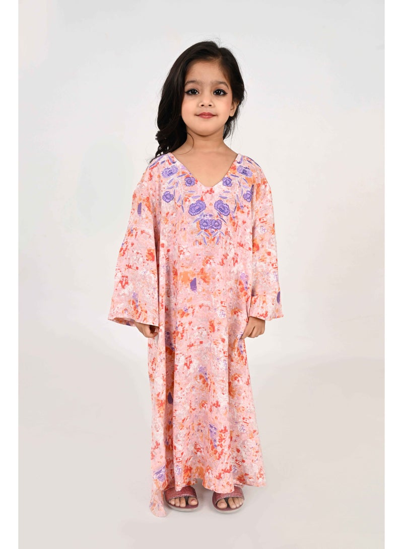 Linelle Kids Jalabiya – Orange Abstract Print with Purple Floral Embroidered Neckline - Image 5