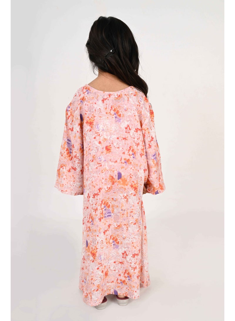 Linelle Kids Jalabiya – Orange Abstract Print with Purple Floral Embroidered Neckline - Image 4