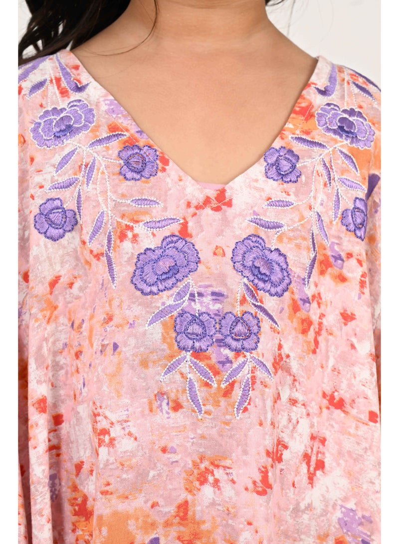 Linelle Kids Jalabiya – Orange Abstract Print with Purple Floral Embroidered Neckline - Image 2