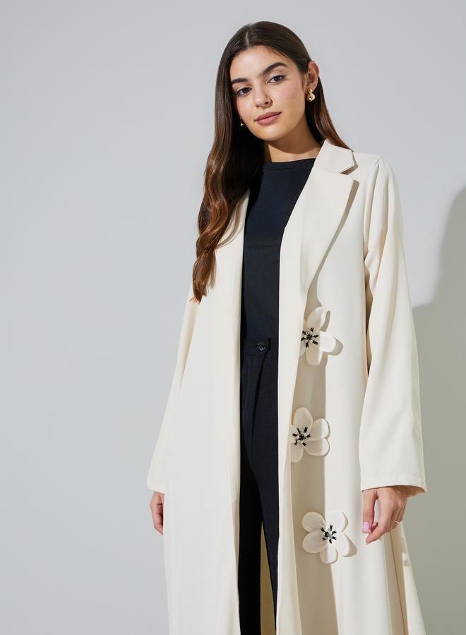 Amirah Cream Floral Applique Front Open Abaya - Image 2