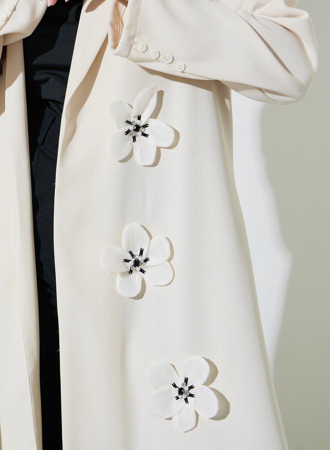 Amirah Cream Floral Applique Front Open Abaya - Image 4