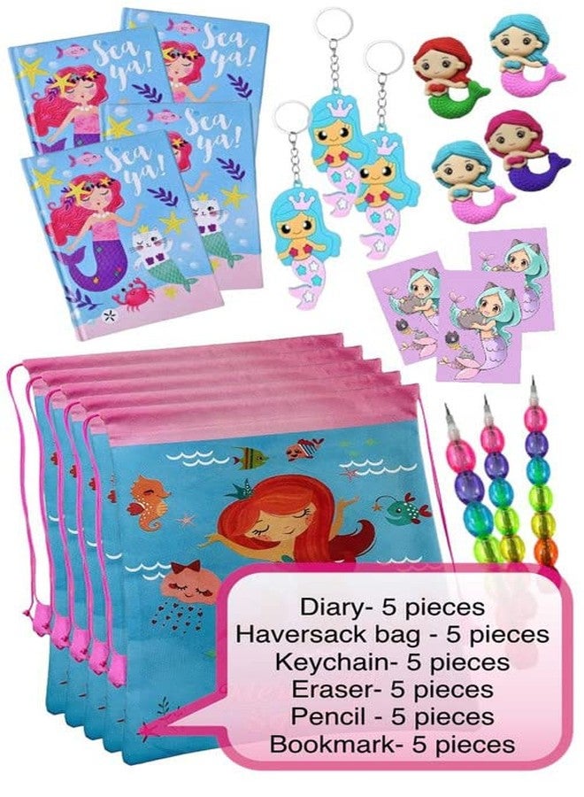 Le Delite Mermaid Theme Party Return Gifts for Kids Girls/Combo Pack of 5 Items I Princess Fish Carry Bag,Diary with School Stationary Pencil, Eraser & Keychain (Mermaid Full Combo (5 Piece)) - Image 2