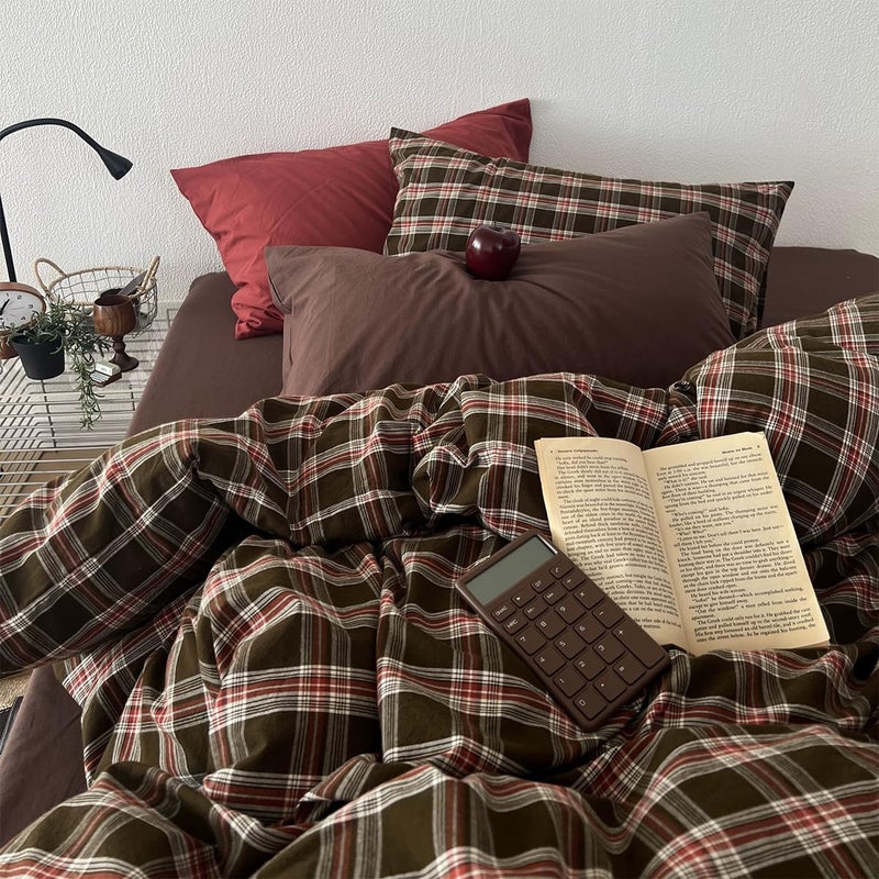 Bildenly Buffalo Plaid Duvet Cover Queen Size Red Brown Gingham Comforter Cover Set Vintage Checkered Grid Soft Lightweight Microfiber Bedding Set for All Season with Zipper Closure and 2 Pillowcases - Image 3