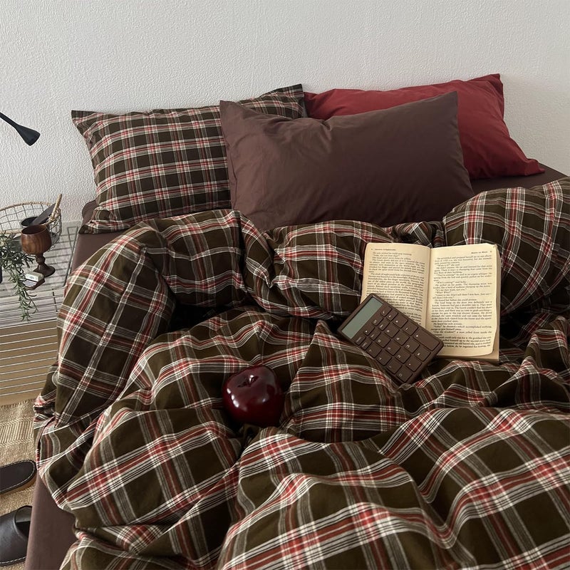 Bildenly Buffalo Plaid Duvet Cover Queen Size Red Brown Gingham Comforter Cover Set Vintage Checkered Grid Soft Lightweight Microfiber Bedding Set for All Season with Zipper Closure and 2 Pillowcases - Image 1