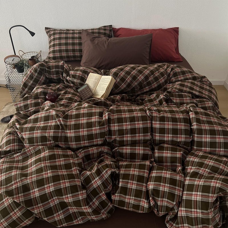 Bildenly Buffalo Plaid Duvet Cover Queen Size Red Brown Gingham Comforter Cover Set Vintage Checkered Grid Soft Lightweight Microfiber Bedding Set for All Season with Zipper Closure and 2 Pillowcases - Image 2
