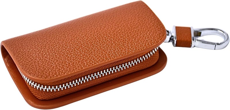KMH Premium Leather Car Key Wallet Bag | Wallet for Key Pouch Cover Shell Case Holder, Key Zipper Fob Protector | Smart Remote Keychain Holder with Metal Hook Keyring Zipper Bag (Tan) - Image 2