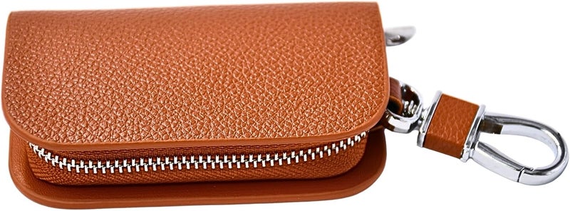 KMH Premium Leather Car Key Wallet Bag | Wallet for Key Pouch Cover Shell Case Holder, Key Zipper Fob Protector | Smart Remote Keychain Holder with Metal Hook Keyring Zipper Bag (Tan) - Image 3