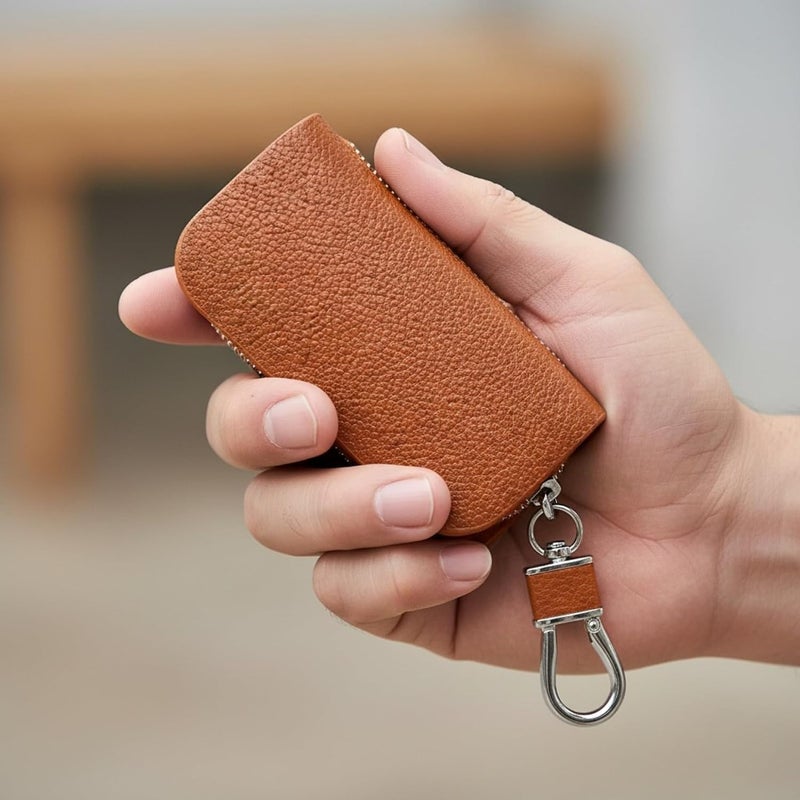 KMH Premium Leather Car Key Wallet Bag | Wallet for Key Pouch Cover Shell Case Holder, Key Zipper Fob Protector | Smart Remote Keychain Holder with Metal Hook Keyring Zipper Bag (Tan) - Image 5