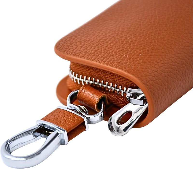 KMH Premium Leather Car Key Wallet Bag | Wallet for Key Pouch Cover Shell Case Holder, Key Zipper Fob Protector | Smart Remote Keychain Holder with Metal Hook Keyring Zipper Bag (Tan) - Image 4