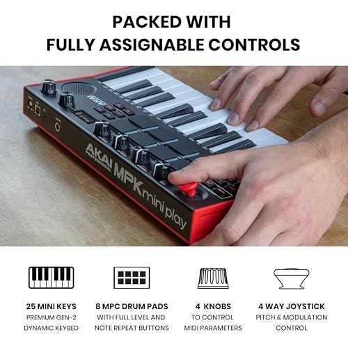 Akai Professional AKAI MPK Mini Play MK3: 25-Key Gen-2 Dynamic Keyboard Controller with 8 MPC Drum Pads, 4 Assignable Knobs, Joystick, 100+ Internal Sounds, OLED Display, USB Connectivity, Integrated Speaker - Image 5