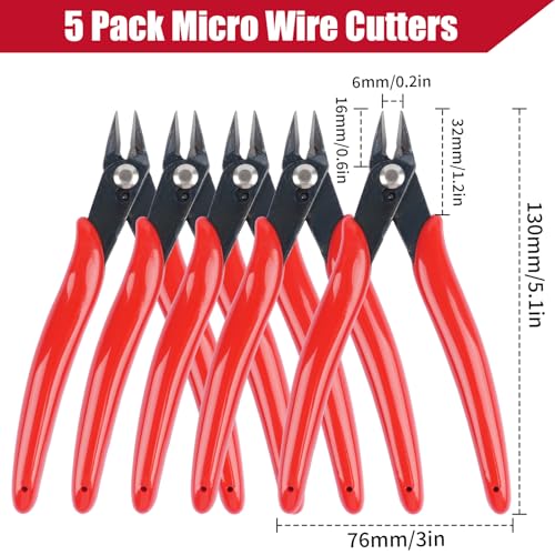 Opvixi 5 Pack Micro Wire Cutters, 5 Inches Flush Cutters Pliers, Diagonal Side Cutters Nippers, Zip Tie Sprue Cutter for Electronics, Plastic Models, Jewelry (Red) - Image 2