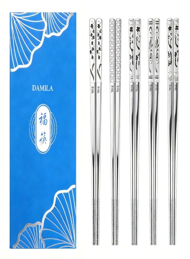 DAMILA 316 Stainless Steel Chopsticks Set, 5 Pairs Reusable Square Chopsticks with Gift Box, Non-Slip Tips, Dishwasher Safe, Elegant Chopsticks for Everyday Dining - Image 1