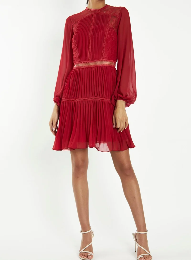 True Decadence Lena Crimson-Red Lace Pleated Mini Dress