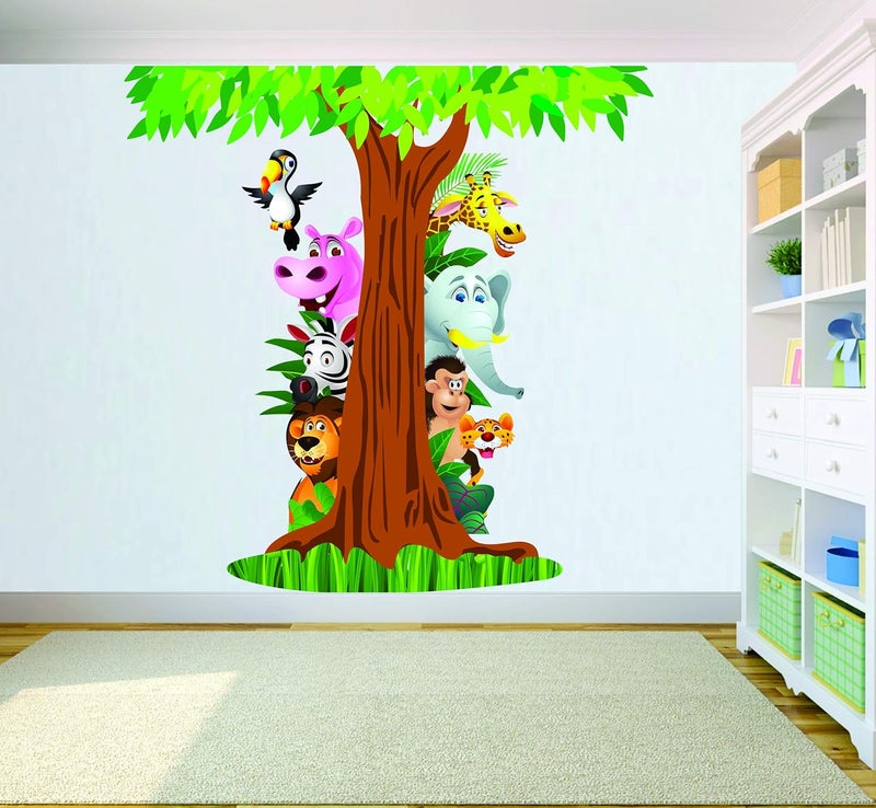 Decor Villa PVC Vinyl Animal with Tree 3D Wall Sticker JUST Peel Stick New Modern Art Trendy Wall Stickers for Home Decoration Living RoomOffice Bedroom etc Size 58 CM X 53 CM Multicolor
