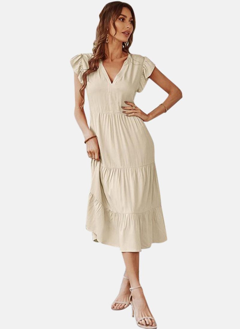 Beige Solid A-Line Midi Dress - pzsku/Z117510A658A60890546AZ/45/_/1734611817/e73d88d1-eecd-4f41-b4af-262c202ee497