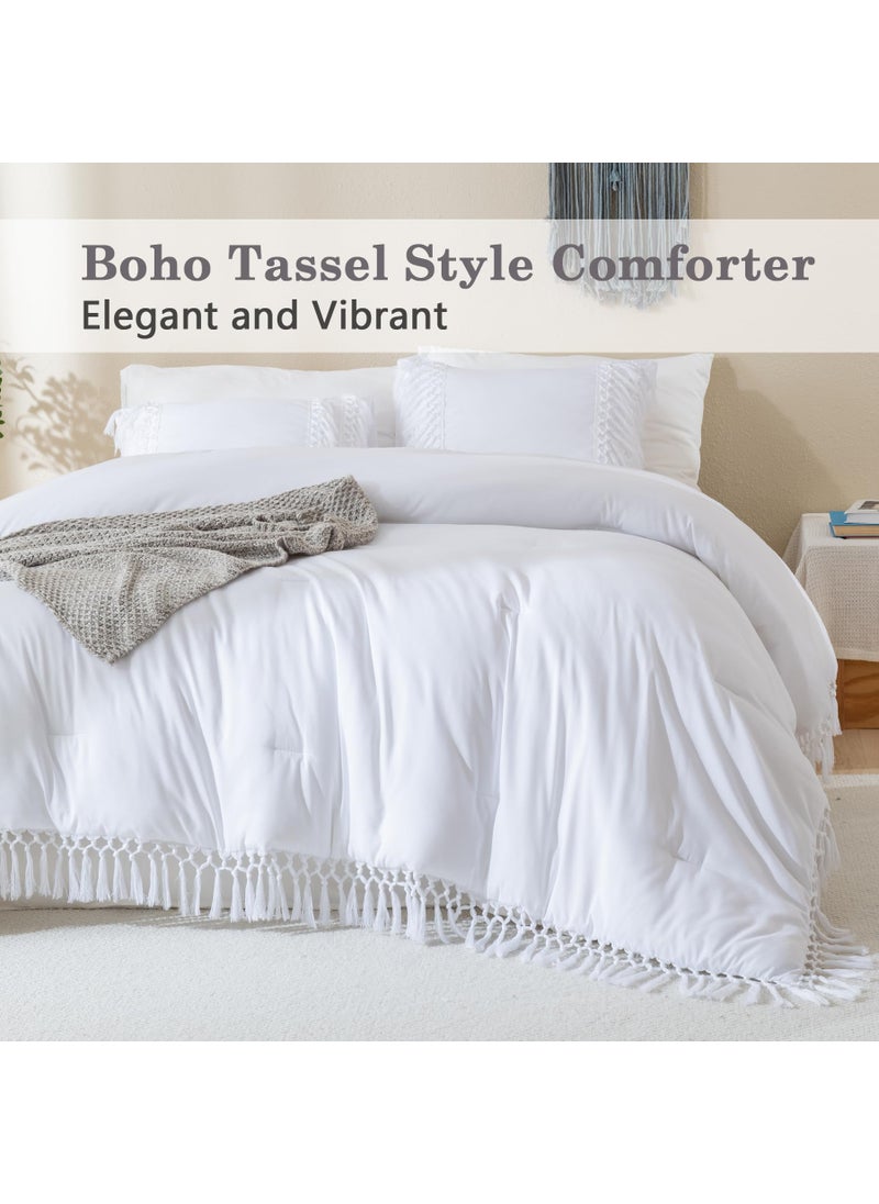 Andency Andency White Comforter Set King  3 Pieces Boho Tassel Lightweight Soft Bedding Comforter Sets for King Bed  All Season Fluffy Fringe Bed Set (104x90In Comforter & 2 Pillowcases)  - Image 3