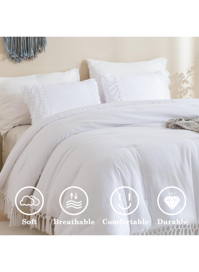Andency Andency White Comforter Set King  3 Pieces Boho Tassel Lightweight Soft Bedding Comforter Sets for King Bed  All Season Fluffy Fringe Bed Set (104x90In Comforter & 2 Pillowcases)  - Image 2