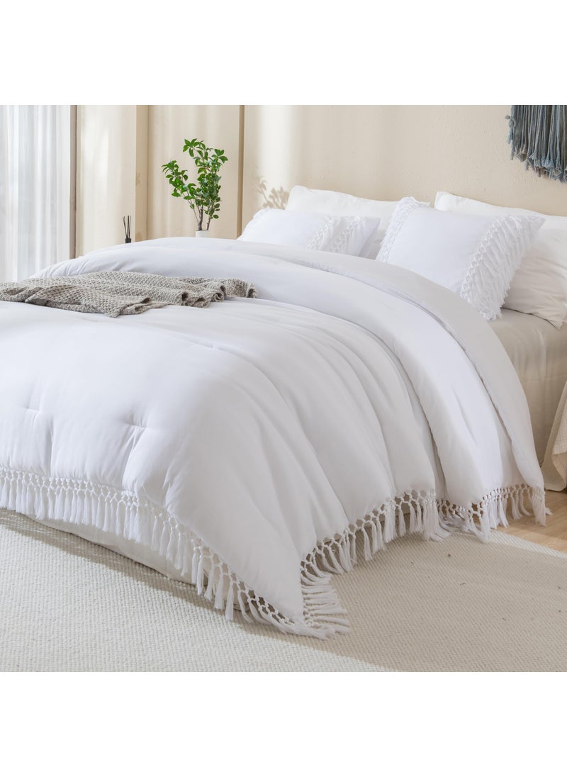 Andency Andency White Comforter Set King  3 Pieces Boho Tassel Lightweight Soft Bedding Comforter Sets for King Bed  All Season Fluffy Fringe Bed Set (104x90In Comforter & 2 Pillowcases)  - Image 1