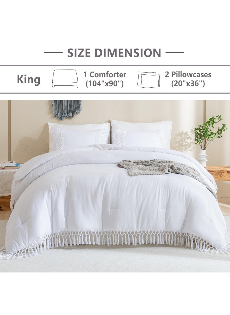 Andency Andency White Comforter Set King  3 Pieces Boho Tassel Lightweight Soft Bedding Comforter Sets for King Bed  All Season Fluffy Fringe Bed Set (104x90In Comforter & 2 Pillowcases)  - Image 5