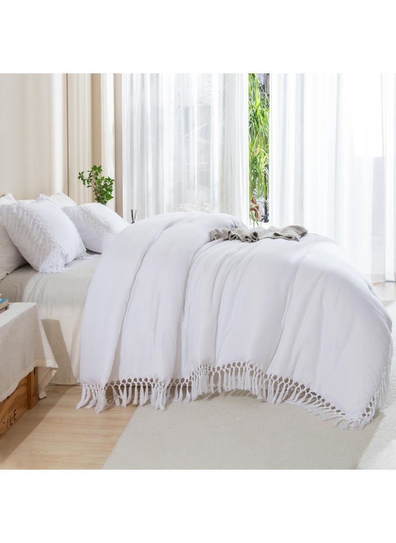 Andency Andency White Comforter Set King  3 Pieces Boho Tassel Lightweight Soft Bedding Comforter Sets for King Bed  All Season Fluffy Fringe Bed Set (104x90In Comforter & 2 Pillowcases)  - Image 4