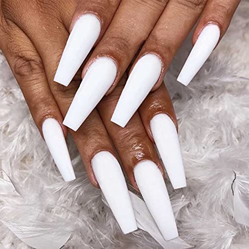 Outyua Matte White Press on Nails Coffin Long Fake Nails Solid Acrylic False Nails with Designs Cute Full Cover Nails 24Pcs (White) - Image 1
