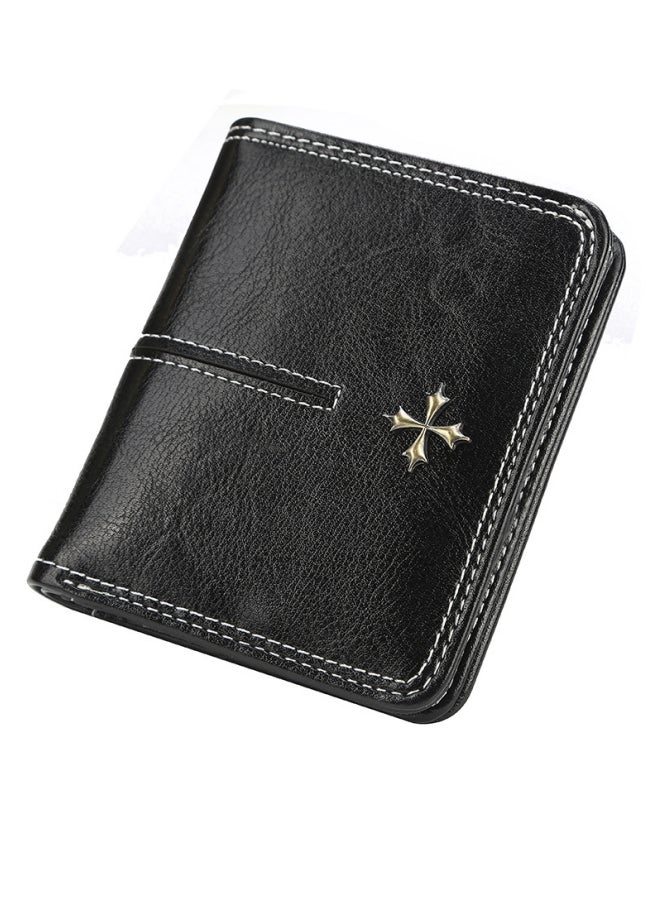baellerry Women's Short Wallet Korean Version with Multiple Card Slots, Waxed Leather Coin Purse, Fashionable and Versatile Zipper Card Holder, Black - Image 1