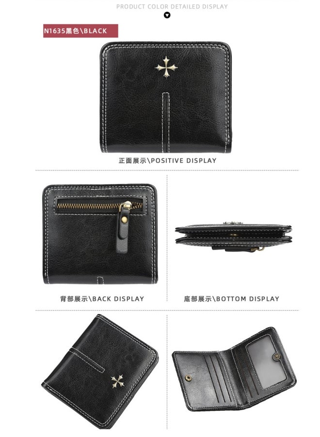 baellerry Women's Short Wallet Korean Version with Multiple Card Slots, Waxed Leather Coin Purse, Fashionable and Versatile Zipper Card Holder, Black - Image 2