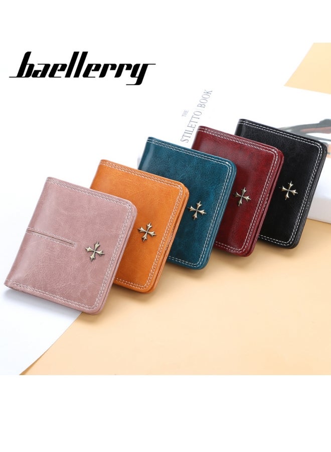 baellerry Women's Short Wallet Korean Version with Multiple Card Slots, Waxed Leather Coin Purse, Fashionable and Versatile Zipper Card Holder, Black - Image 3