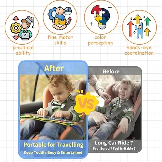 BUSY BOARD MONTESSORI TOYS FOR 3+ YEAR OLD BOYS GIRLS GIFTS, SENSORY BOARD QUIET BOOK FOR TODDLERS, EDUCATIONAL ACTIVITIES TRAVEL TOY FOR AIRPLANE CAR, BUSY BOOK FOR LEARNING FINE MOTOR SKILLS (BLUE) - Image 4