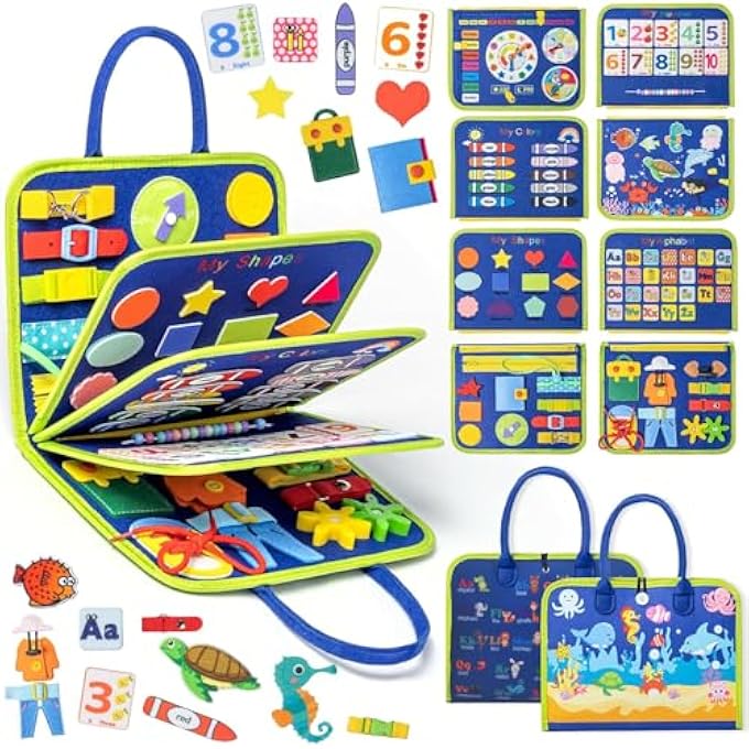 BUSY BOARD MONTESSORI TOYS FOR 3+ YEAR OLD BOYS GIRLS GIFTS, SENSORY BOARD QUIET BOOK FOR TODDLERS, EDUCATIONAL ACTIVITIES TRAVEL TOY FOR AIRPLANE CAR, BUSY BOOK FOR LEARNING FINE MOTOR SKILLS (BLUE) - Image 2