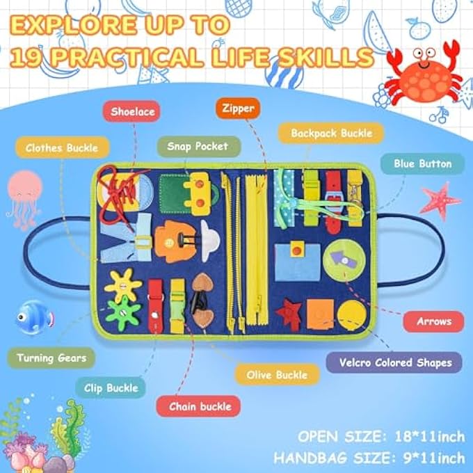 BUSY BOARD MONTESSORI TOYS FOR 3+ YEAR OLD BOYS GIRLS GIFTS, SENSORY BOARD QUIET BOOK FOR TODDLERS, EDUCATIONAL ACTIVITIES TRAVEL TOY FOR AIRPLANE CAR, BUSY BOOK FOR LEARNING FINE MOTOR SKILLS (BLUE) - Image 3