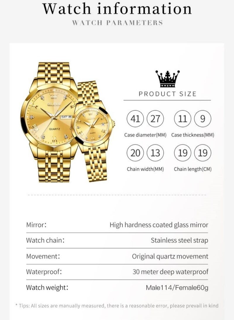 OLEVS His and Her Couple Watches Business Men Women Couple Set Pair Watch Matching Romantic Quartz Watch Stainless Steel Waterproof Date Men's Watches Women Watches Wrist Watch