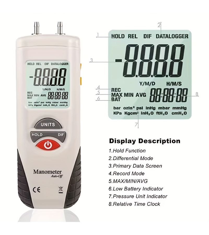 High Precision Digital Manometer Air Gas Pressure Tester Dual Port Gauge Large Backlit Screen - Image 3