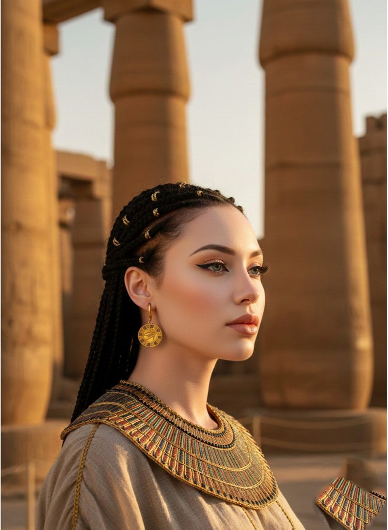 جوليا ستور أقراط مطلية بالذهب عيار 18 قيراطًا، بتصميم عتيق مستوحى من عين حورس المصرية القديمة، مصنوعة من الفولاذ المقاوم للصدأ الصلب، تُعتبر رمزًا للحظ السعيد والحماية، هدية مجوهرات رائعة. - Image 3