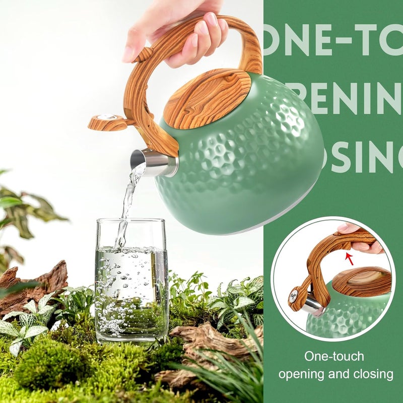 GGC Tea Kettle for Stove Top, Loud Whistling Kettle for Boiling Water Coffee or Milk, 3.1 Quart 3L Heavy Stainless Steel Green Tea Pot with Wood Pattern Handle, Unique Button Control Outlet - Image 5
