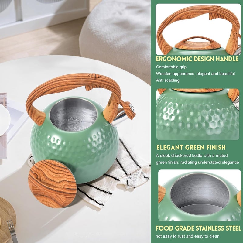 GGC Tea Kettle for Stove Top, Loud Whistling Kettle for Boiling Water Coffee or Milk, 3.1 Quart 3L Heavy Stainless Steel Green Tea Pot with Wood Pattern Handle, Unique Button Control Outlet - Image 2