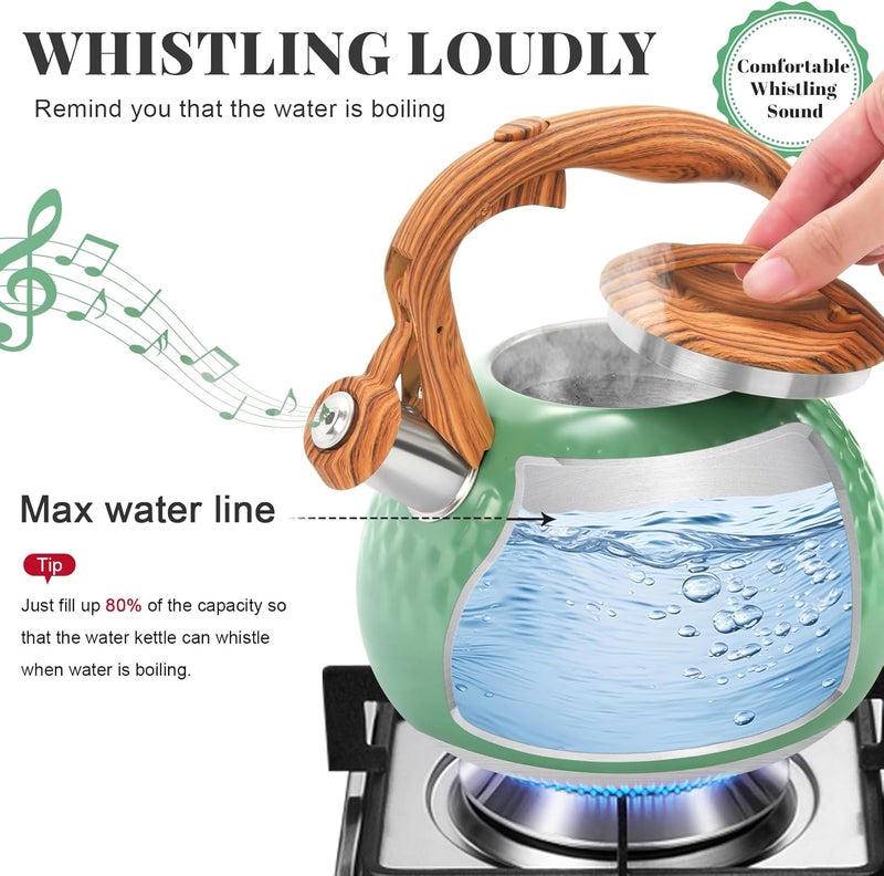 GGC Tea Kettle for Stove Top, Loud Whistling Kettle for Boiling Water Coffee or Milk, 3.1 Quart 3L Heavy Stainless Steel Green Tea Pot with Wood Pattern Handle, Unique Button Control Outlet - Image 4