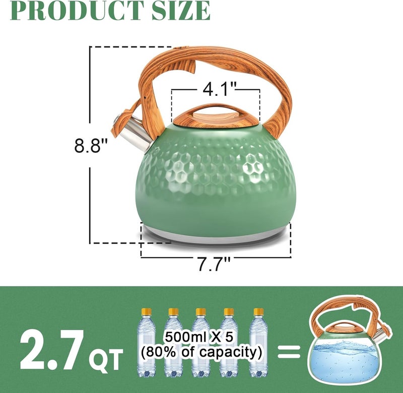 GGC Tea Kettle for Stove Top, Loud Whistling Kettle for Boiling Water Coffee or Milk, 3.1 Quart 3L Heavy Stainless Steel Green Tea Pot with Wood Pattern Handle, Unique Button Control Outlet - Image 3