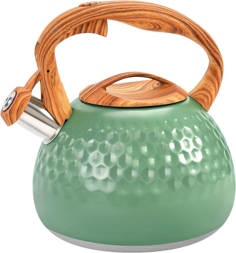 GGC Tea Kettle for Stove Top, Loud Whistling Kettle for Boiling Water Coffee or Milk, 3.1 Quart 3L Heavy Stainless Steel Green Tea Pot with Wood Pattern Handle, Unique Button Control Outlet - Image 1