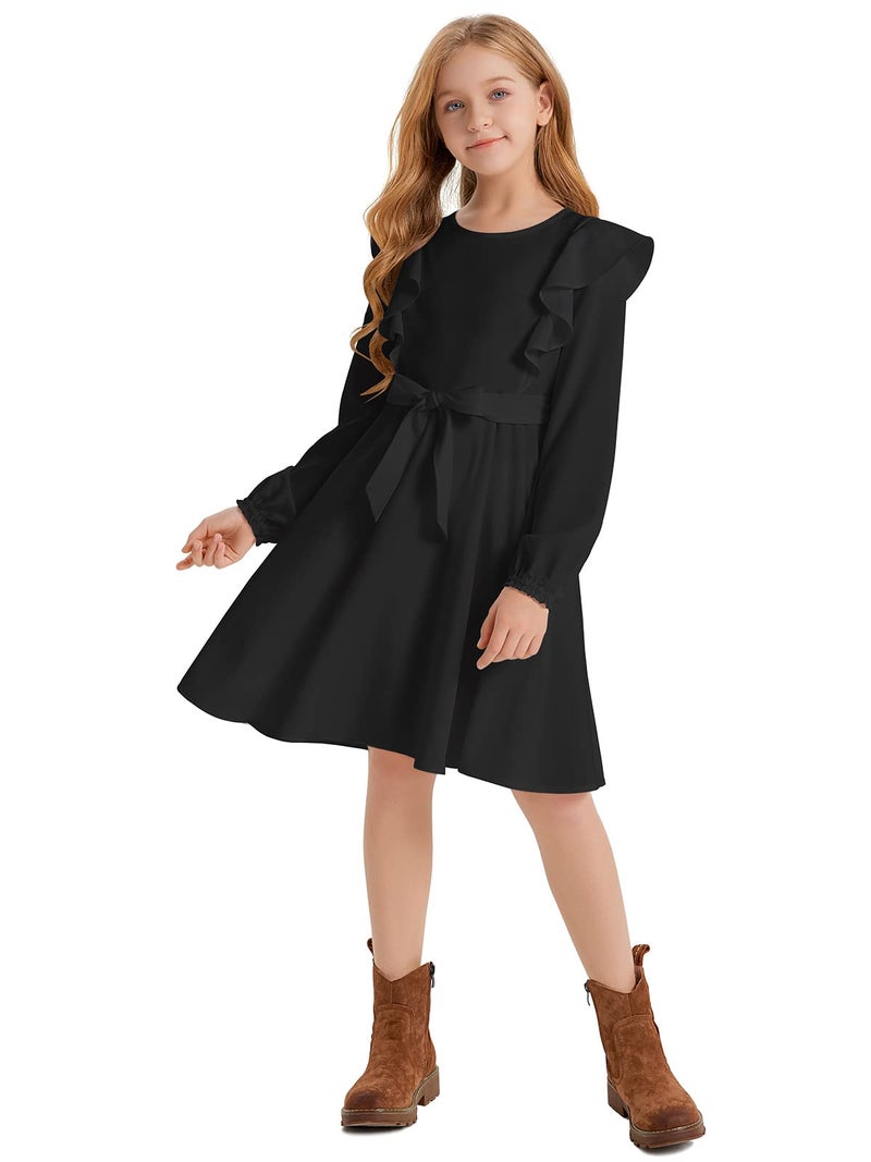 Quedoris Girls Ruffle Trim Long Sleeve Belted Dress with Zipper Black Fall 150Y - Image 2
