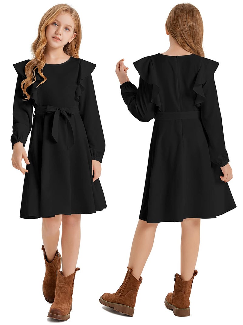 Quedoris Girls Ruffle Trim Long Sleeve Belted Dress with Zipper Black Fall 150Y - Image 4