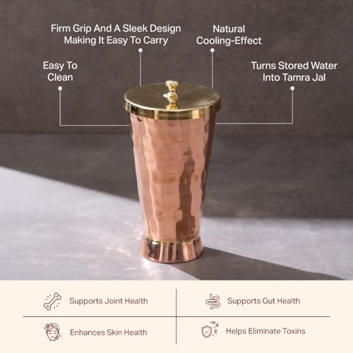 P-TAL Tumbler with Lid Serving Copper Glass with Brass Lid Tamba Glass with Ayurvedic Health Benefits Ptal Brass and Copper Utensils (600 ml Tumbler Glass) - Image 2