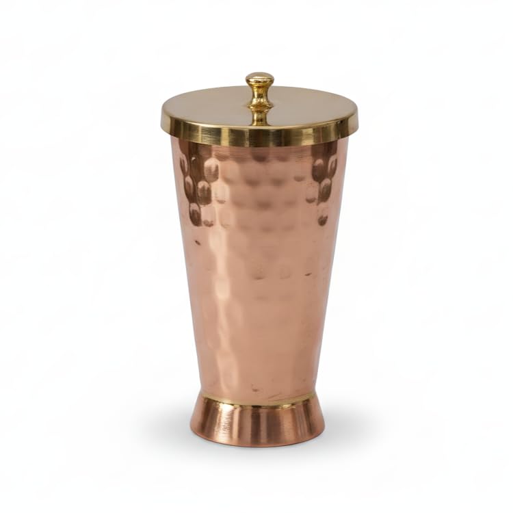 P-TAL Tumbler with Lid Serving Copper Glass with Brass Lid Tamba Glass with Ayurvedic Health Benefits Ptal Brass and Copper Utensils (600 ml Tumbler Glass) - Image 1